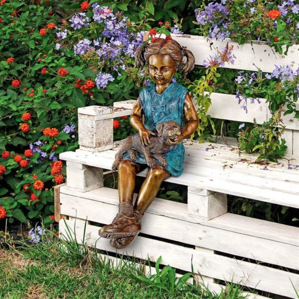 Sitting Savannah Girl with Dog Cast Bronze Garden Statue multi colors